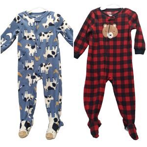 Carter's Lot of 2 Footed Fleece Blanket Sleeper Pajama Size 2T Cow Bear Plaid